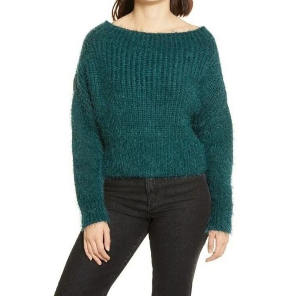 Lulus Feeling It Dark Emerald Green Eyelash Fuzzy Off The Shoulder Sweater Top M